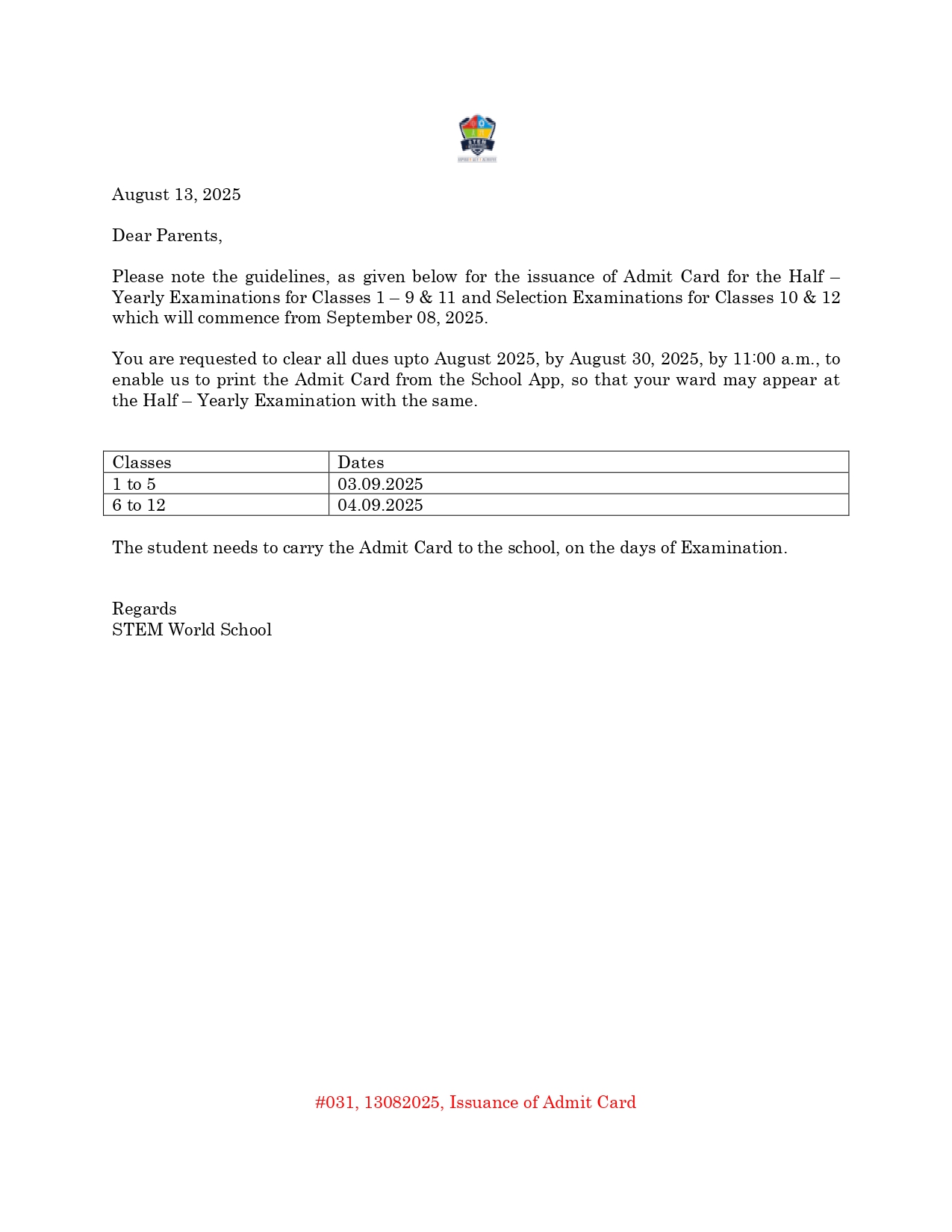 #031 13082025 Issuance of Admit Card