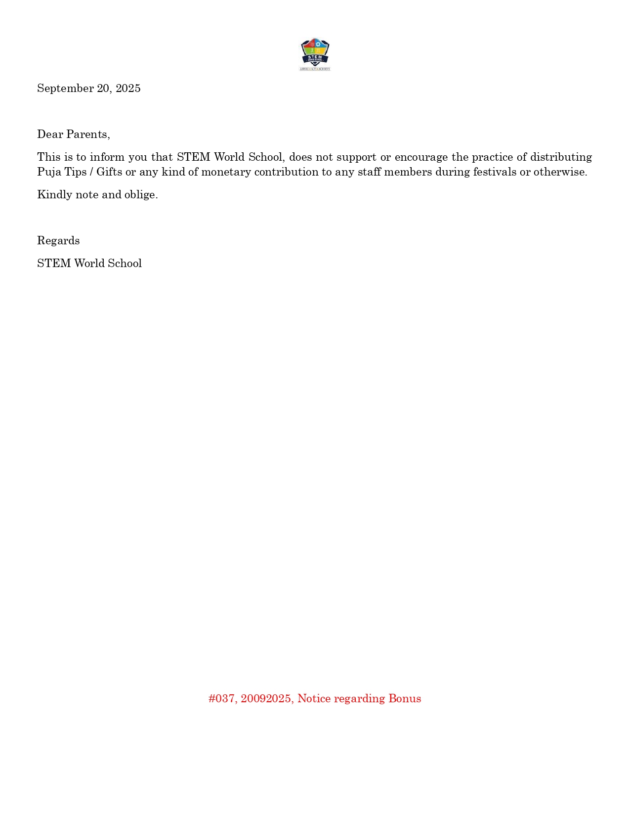 #037 20092025 Notice regarding Bonus