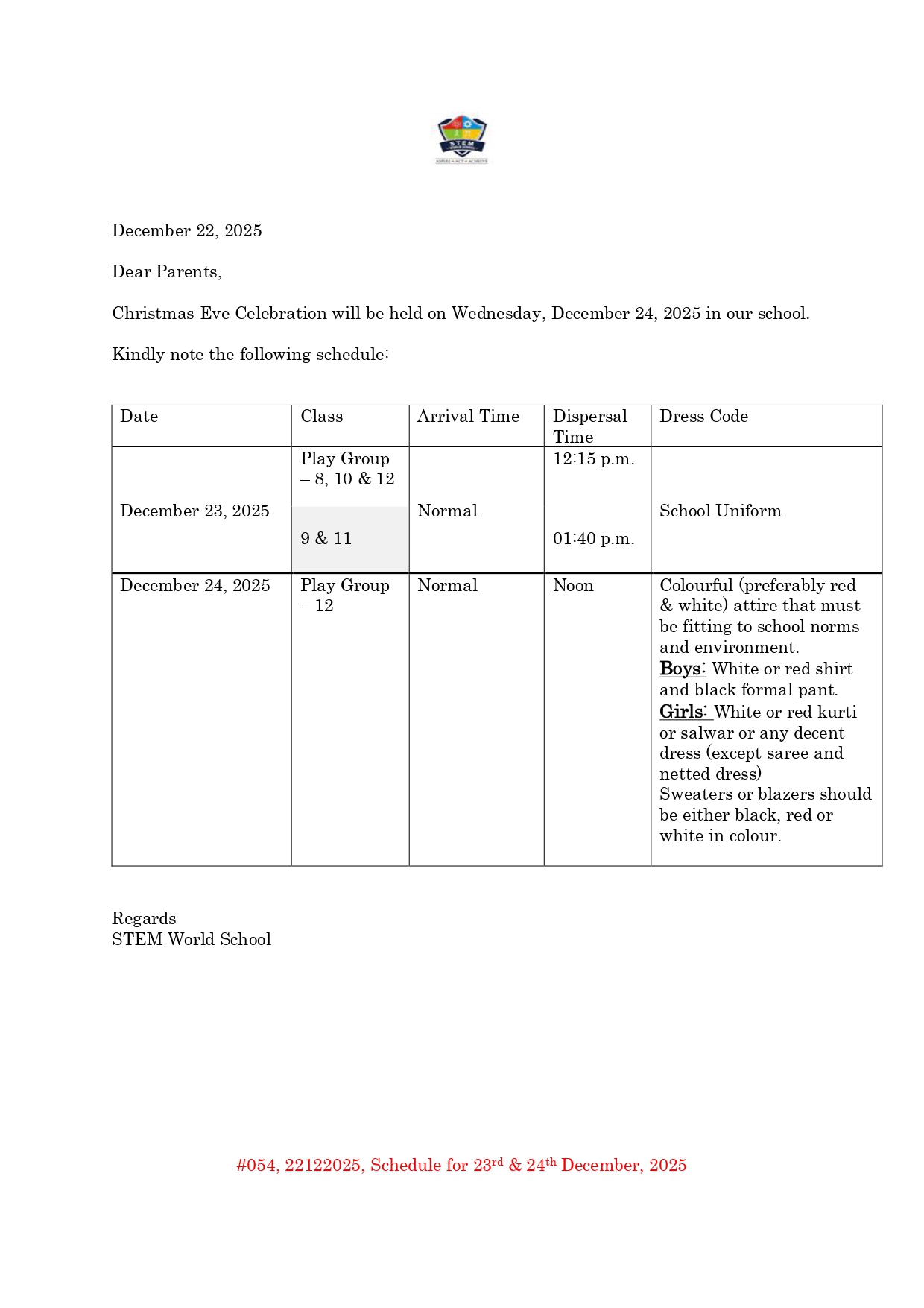 #054 22122025 Schedule for 23rd & 24th December, 2025