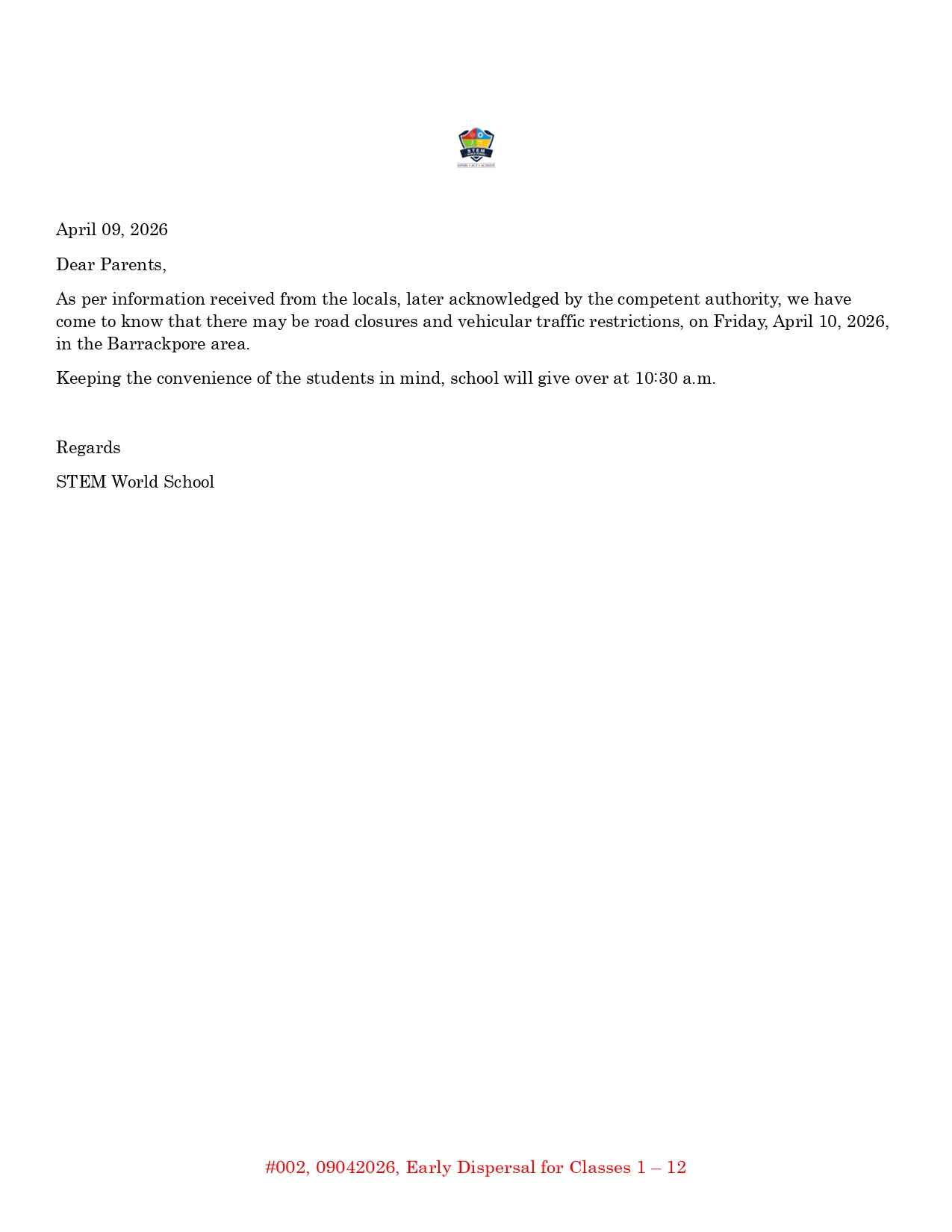 #002 09042026 Early Dispersal for Classes 1 to 12