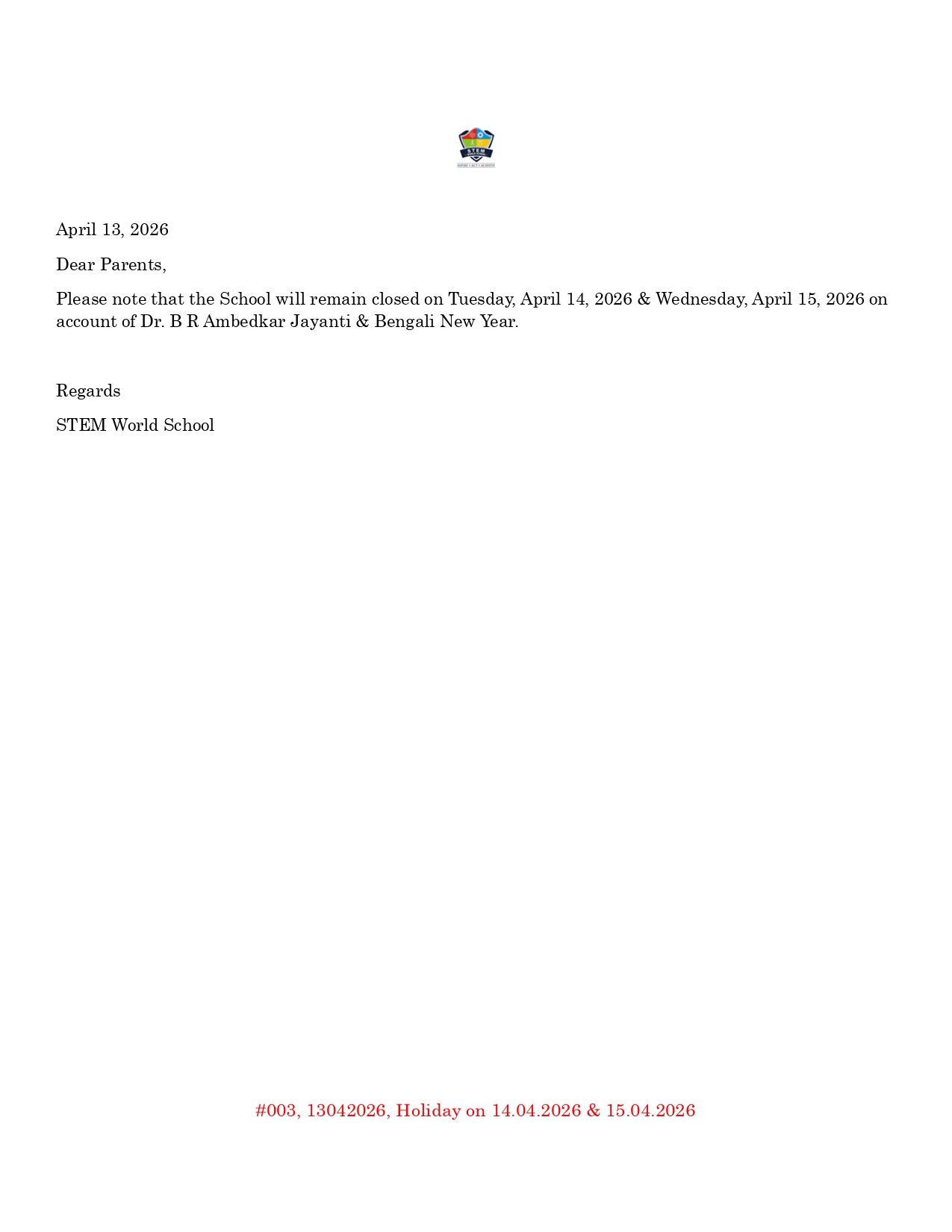 #003 13042026 Holiday on 14.04.2026 & 15.04.2026