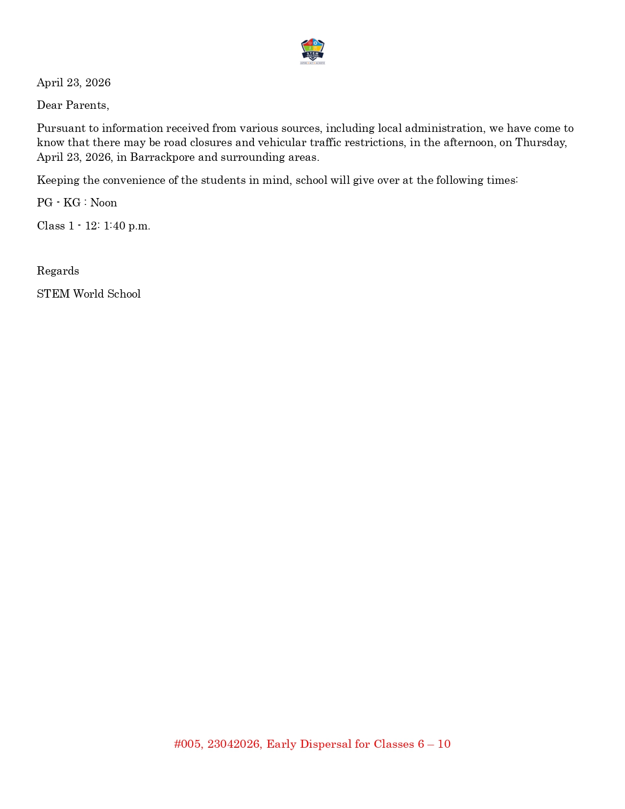 #005 23042026 Early Dispersal for Classes 6 to 10