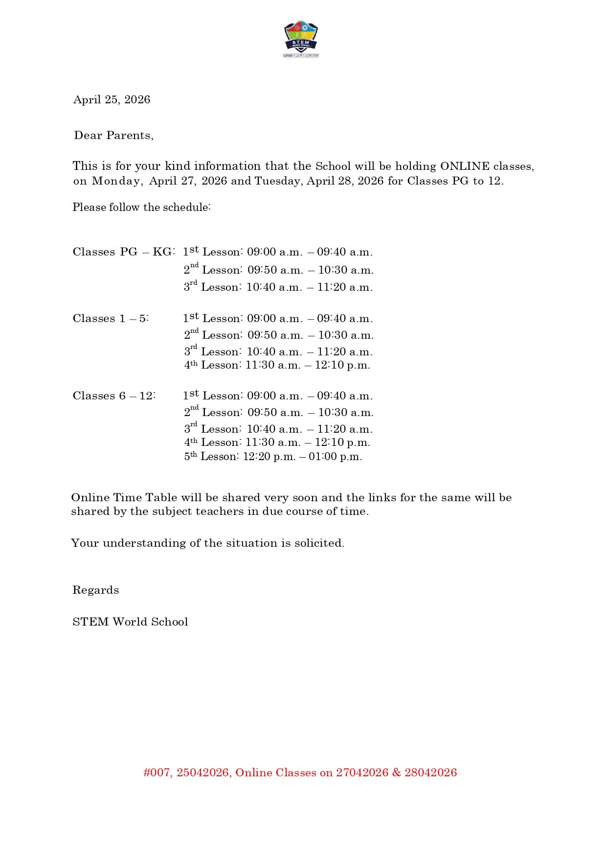 #007 25042026  Online Classes on 27042026 & 28042026