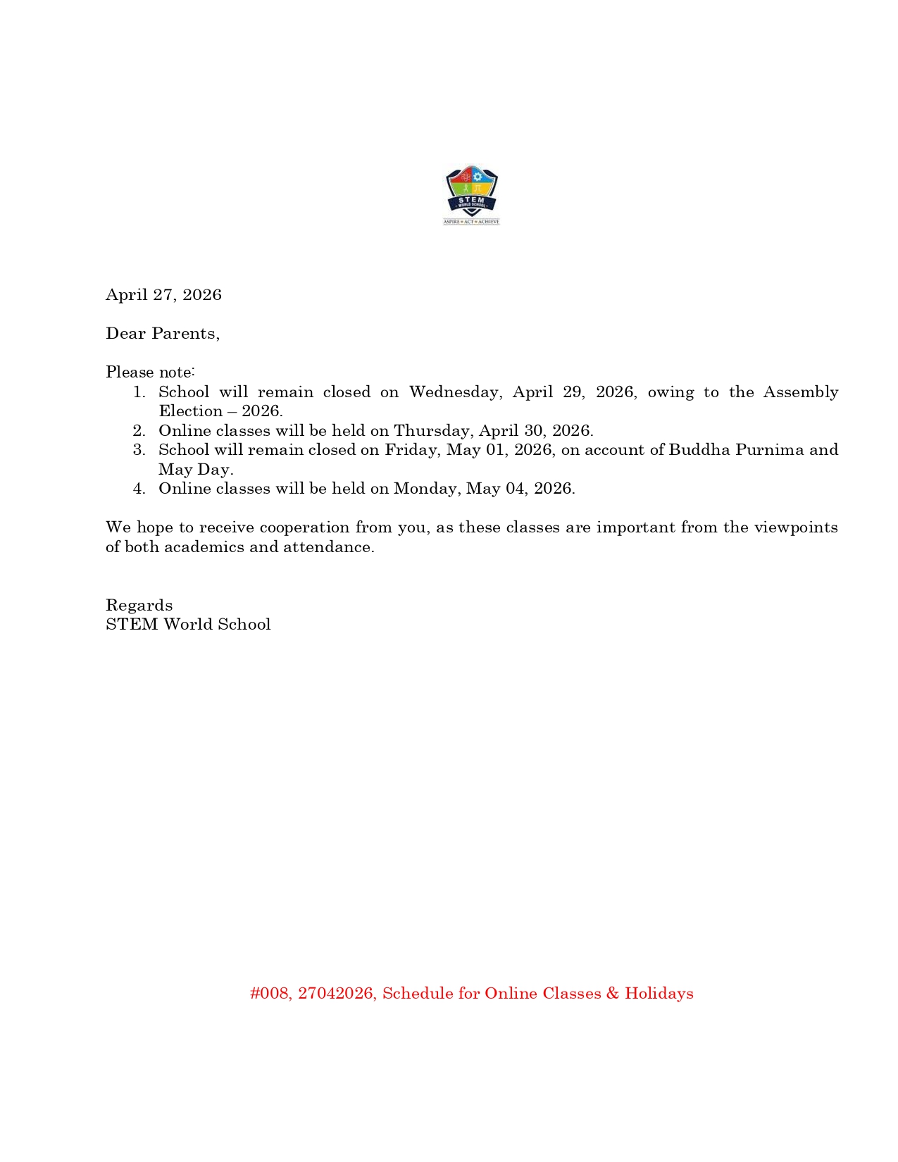 #008 27042026 Schedule for Online Classes & Holidays