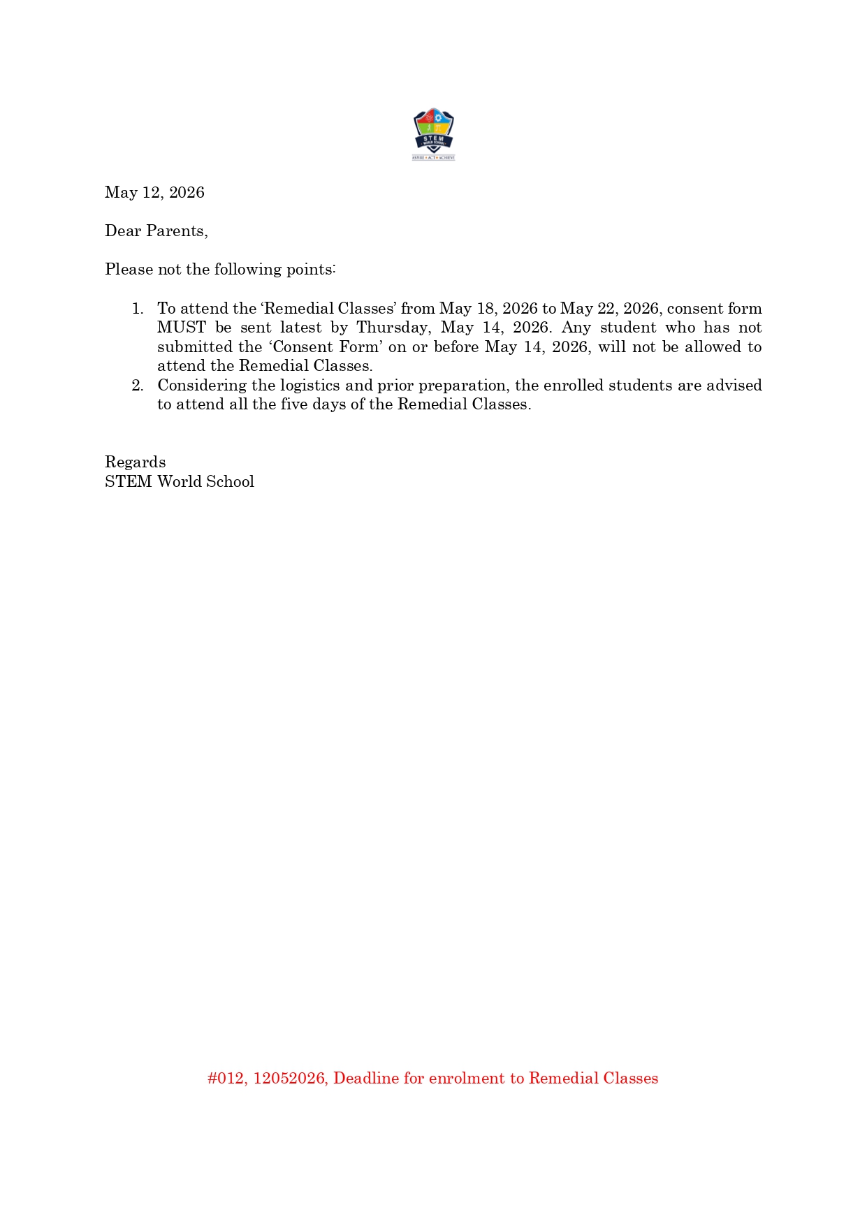 #012 12052026 Deadline for enrolment to Remedial Classes