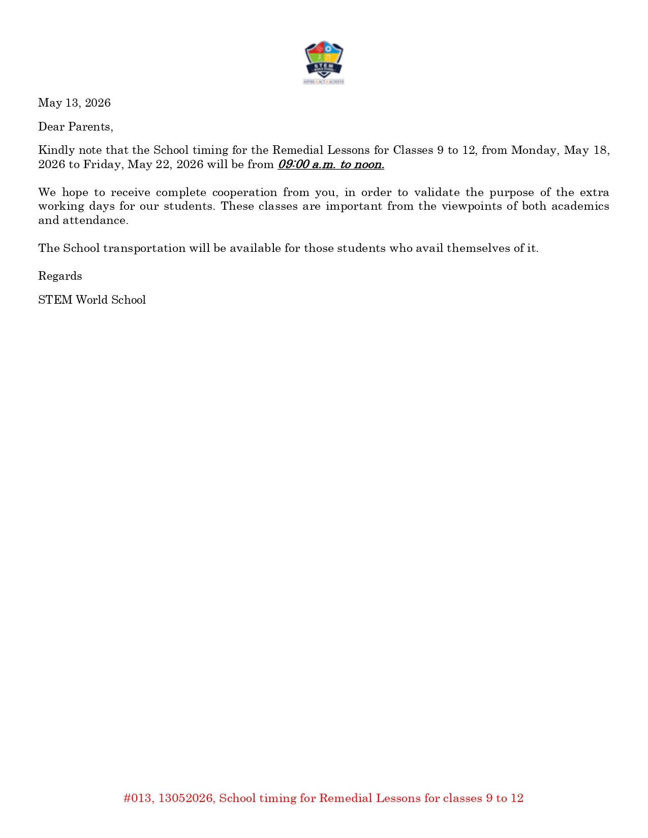#013 13052026 School timing for Remedial Lessons for classes 9 to 12