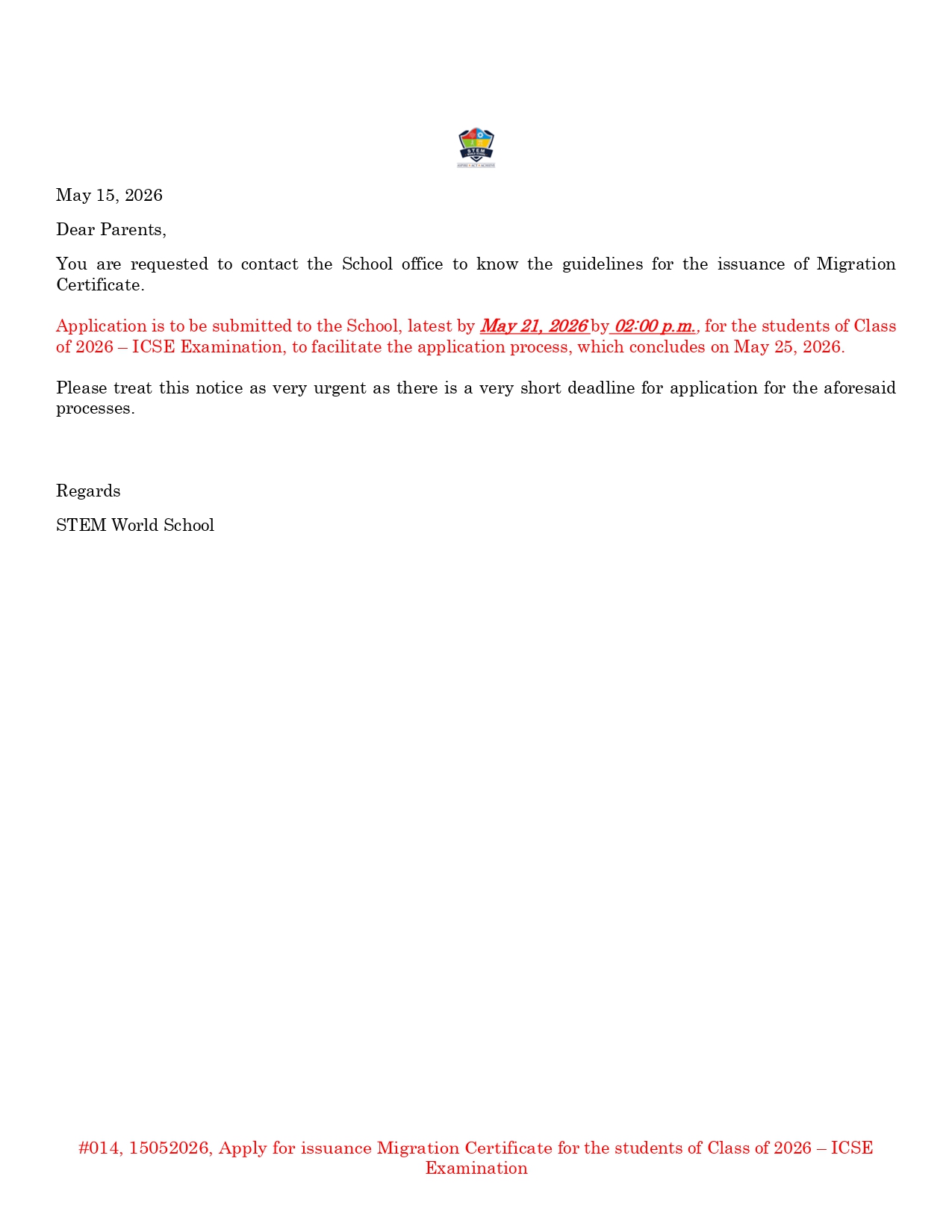 #014 15052026 Apply for issuance Migration Certificate for the students of Class of 2026 – ICSE Examination