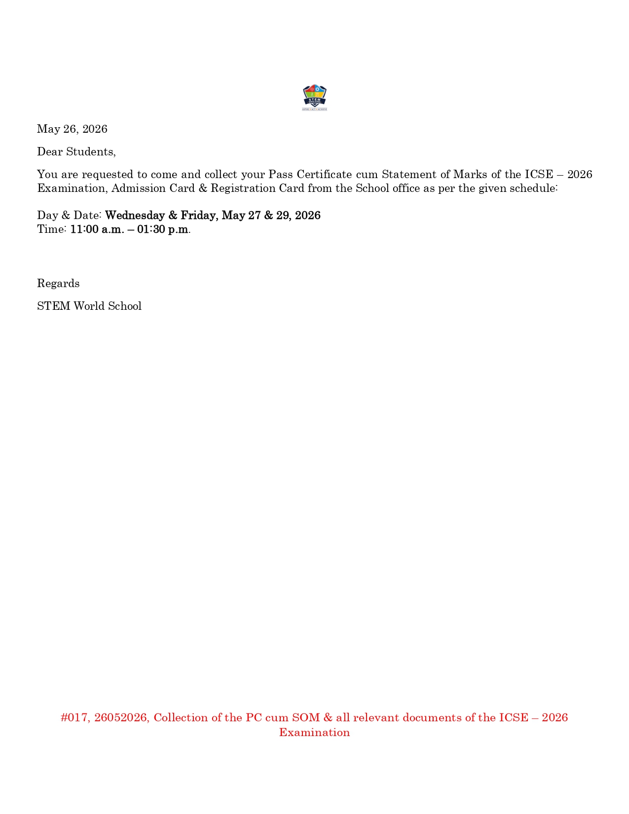 #017 26052026 Collection of the PC cum SOM & all relevant documents of the ICSE – 2026 Examination