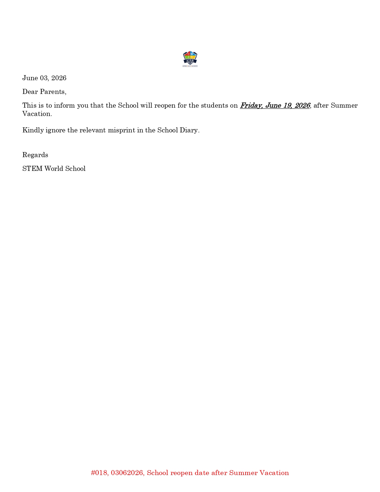 #018 03062026 School reopen date after Summer Vacation