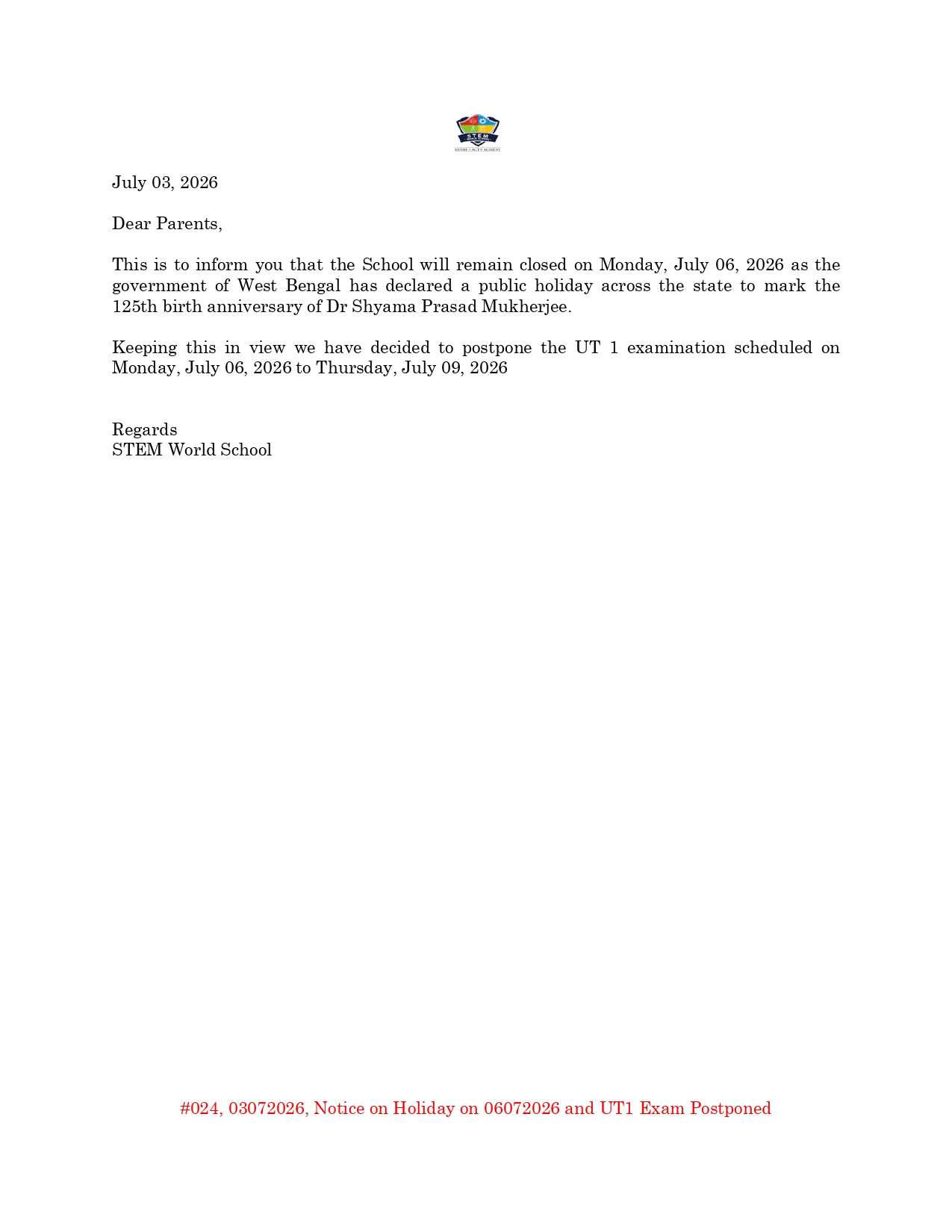 #024 03072026 Notice on Holiday on 06072026 and UT1 Exam Postponed_page-0001