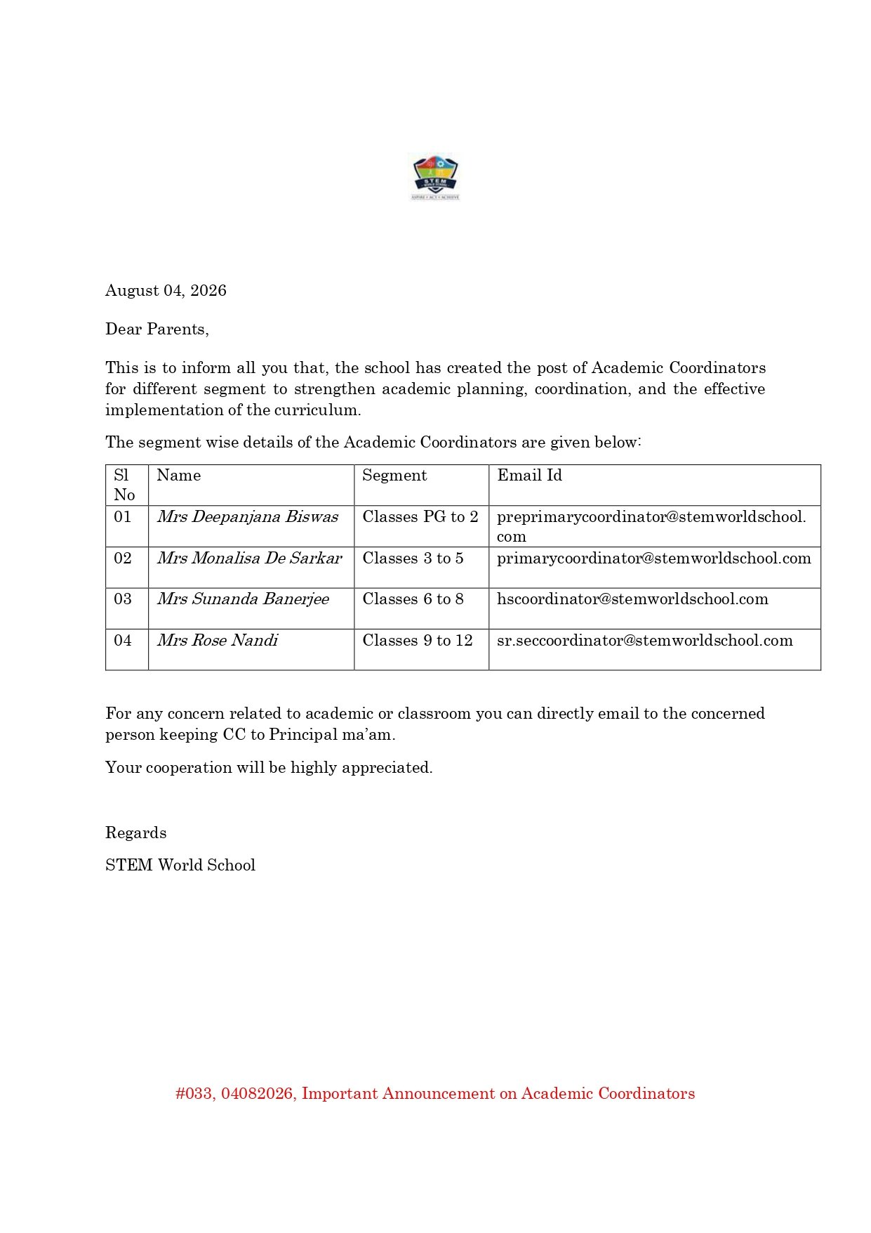 #033 04082026 Important Announcement on Academic Coordinators