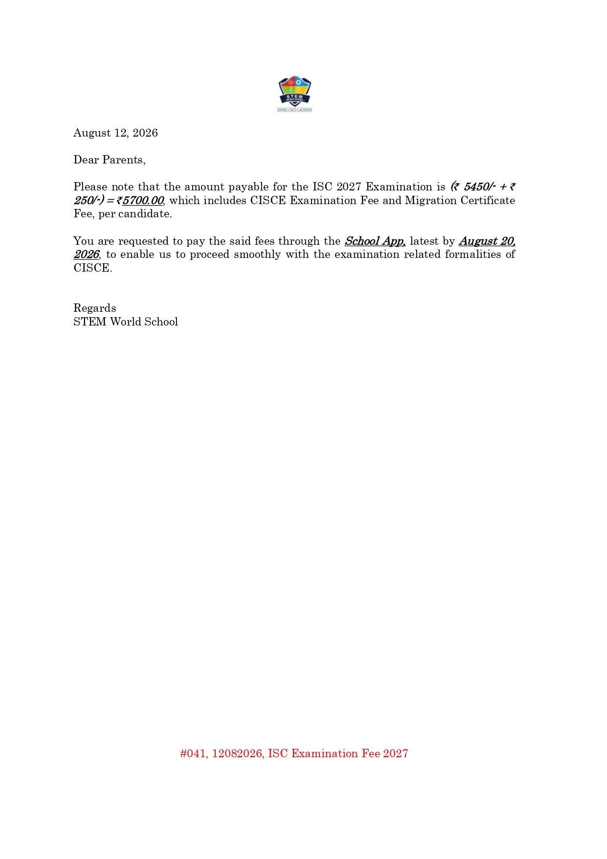 #041 12082026 ISC Examination Fee 2027