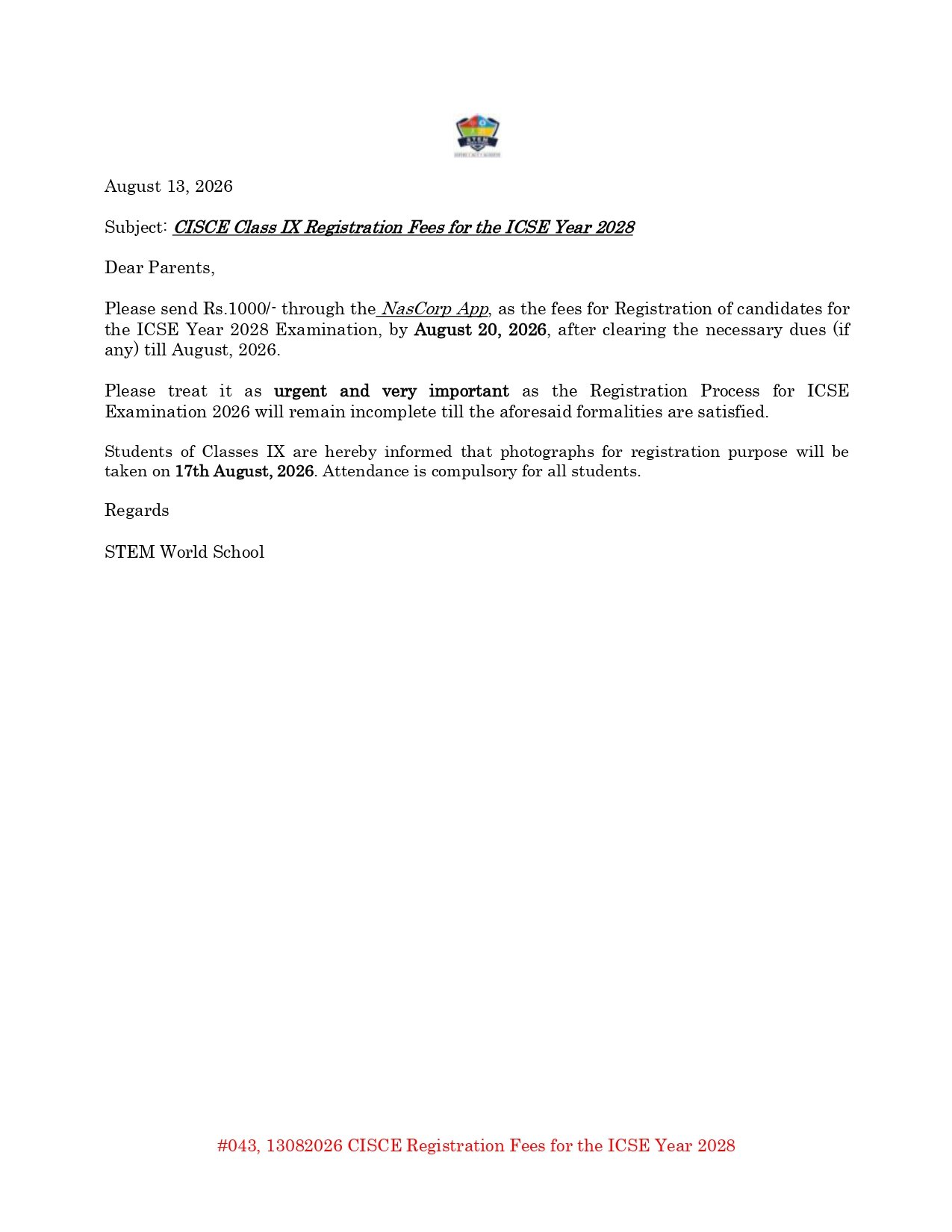 #043 13082026 CISCE Registration Fees for the ICSE Year 2028