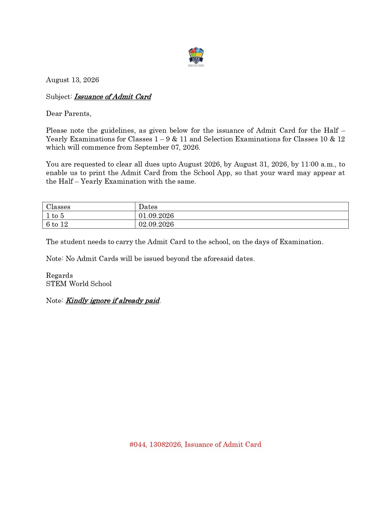 #044 13082026 Issuance of Admit Card