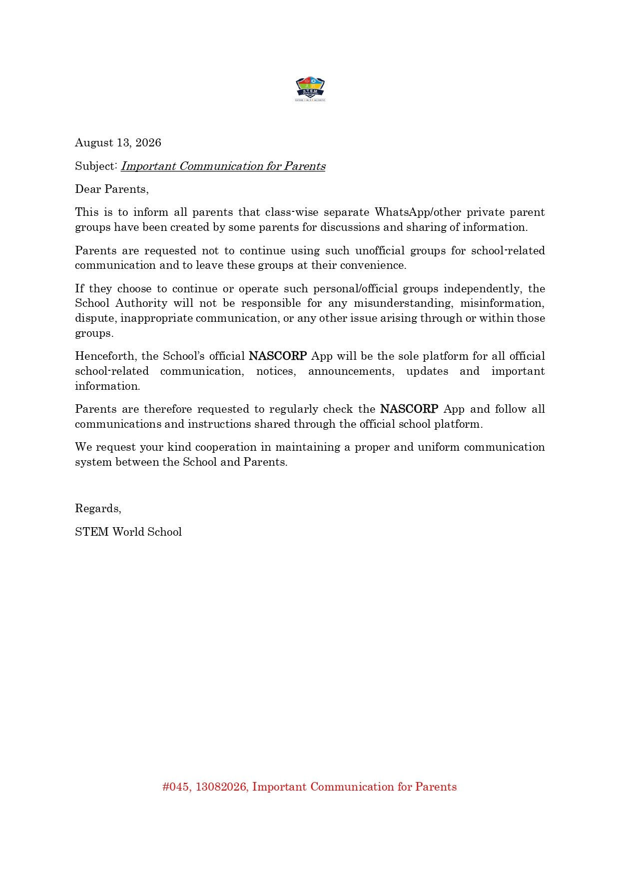 #045 13082026 Important Communication for Parents