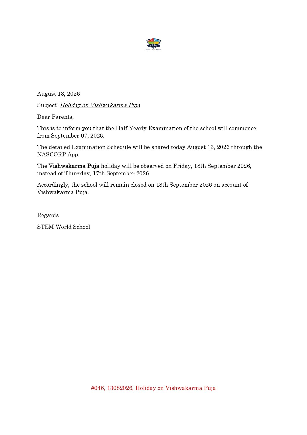 #046 13082026 Holiday on Vishwakarma Puja